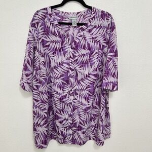 Catherine's Purple White Floral Palm Tree Print Button Down Top 1X Casual Mature